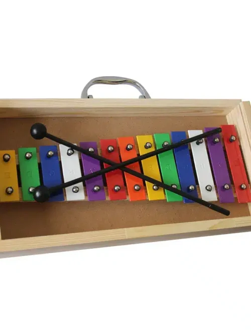 Metalófono diatónico con 13 tonos afinados, placas de aluminio y maleta de madera
