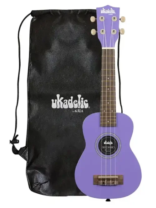 Ukelele Soprano Kala Ultraviolet, diseño vibrante, ideal para principiantes. Incluye bolso para transporte fácil