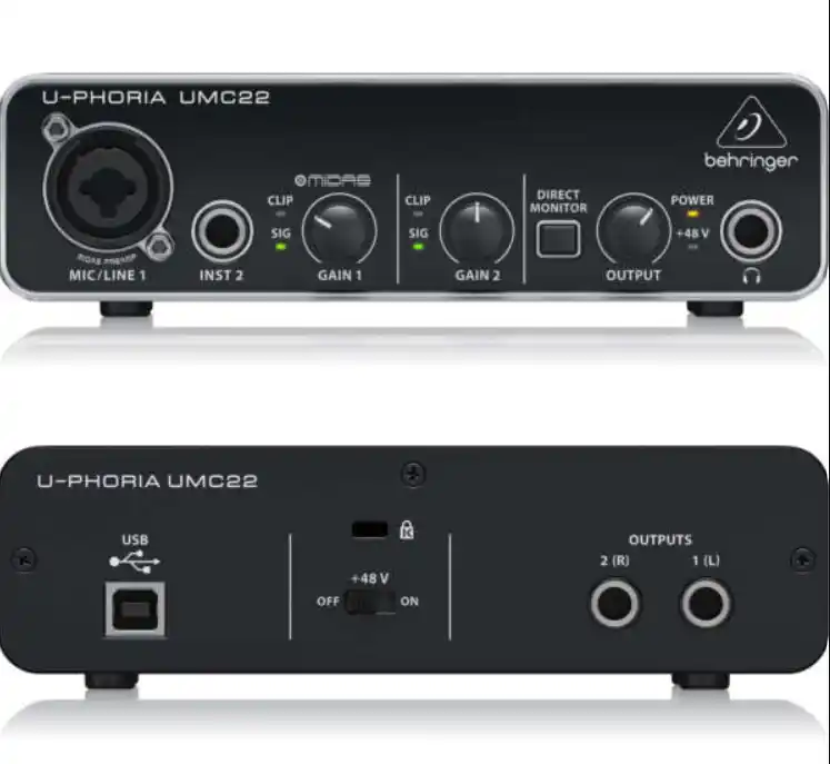 Interfaz de audio USB Behringer U-Phoria UMC22 con preamplificador MIDAS.