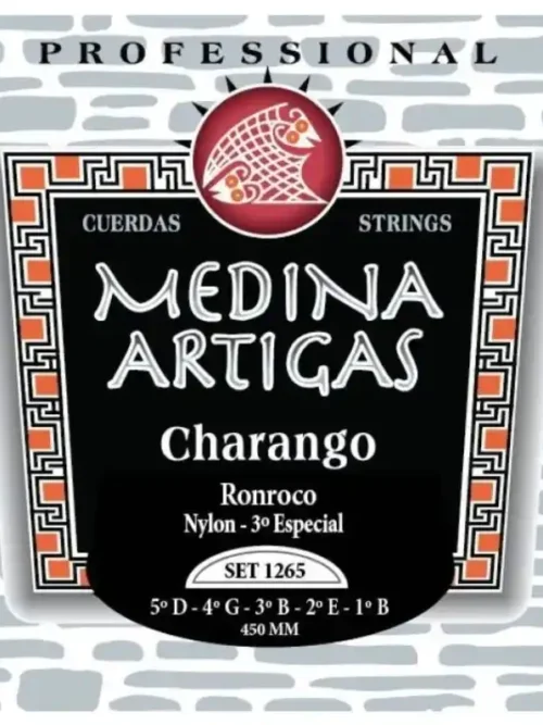 Encordado Medina Artigas 1265 para ronroco, cuerdas negras y 3ª entorchada.