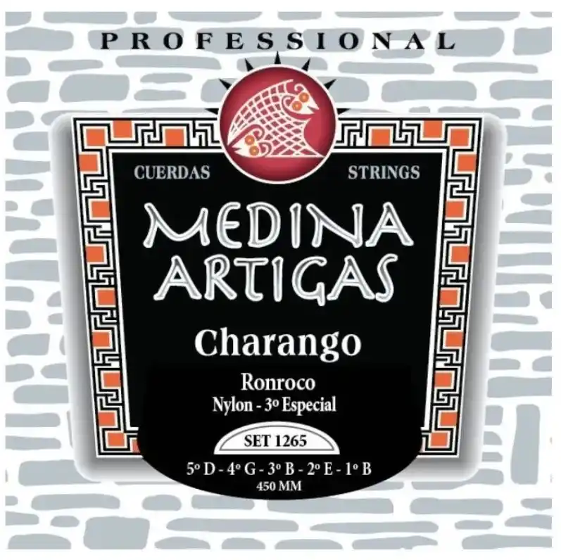 Encordado Medina Artigas 1265 para ronroco, cuerdas negras y 3ª entorchada.