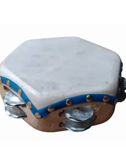 Pandero hexagonal de 8 pulgadas con cuero de chivo y chapas de latón martilladas.