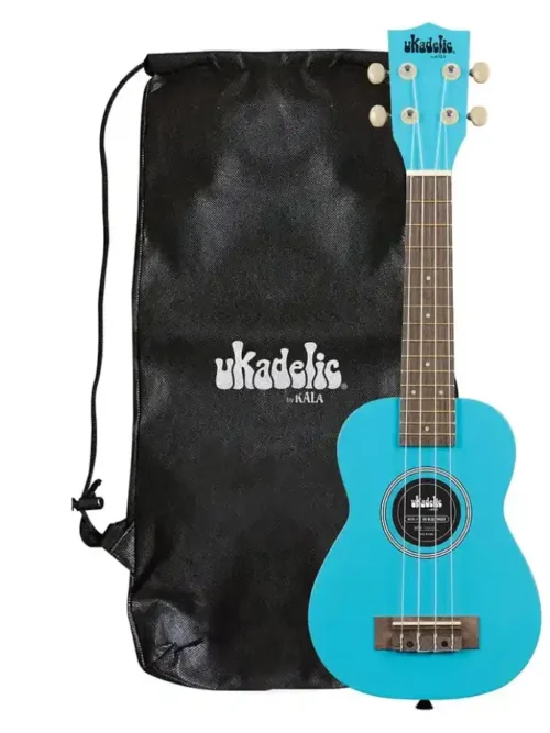 Ukelele Soprano Kala Blue Yonder, ideal para principiantes, con diseño vibrante. Incluye bolso.