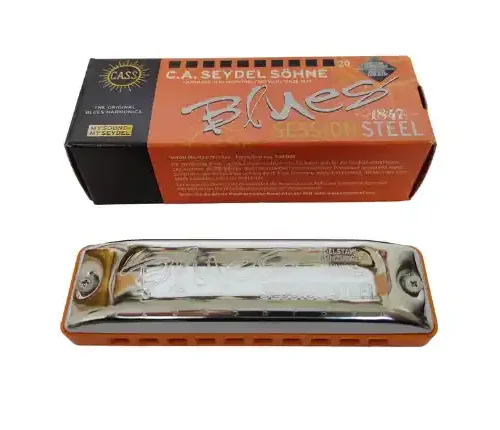 Armónica Seydel Blues Session Steel Low F con lengüetas de acero inoxidable y bolsa de cuero