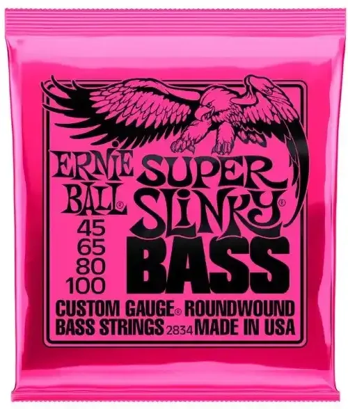 Cuerdas Ernie Ball Super Slinky 2834 para bajo eléctrico, calibre 45-100, disponibles en EntreMúsicos, Santiago.