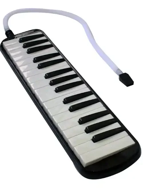 Melódica de 32 notas negra con estuche rígido, ideal para músicos.