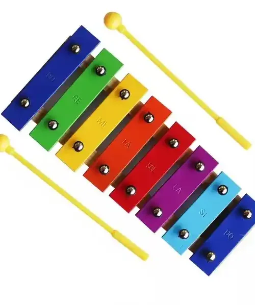 Metalófono 8 tonos con teclas de colores y caja de resonancia de madera.