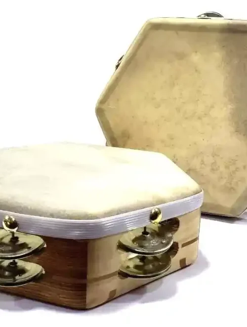 Pandero cuequero de 8 pulgadas con cuerpo de madera y parche de cuero natural.