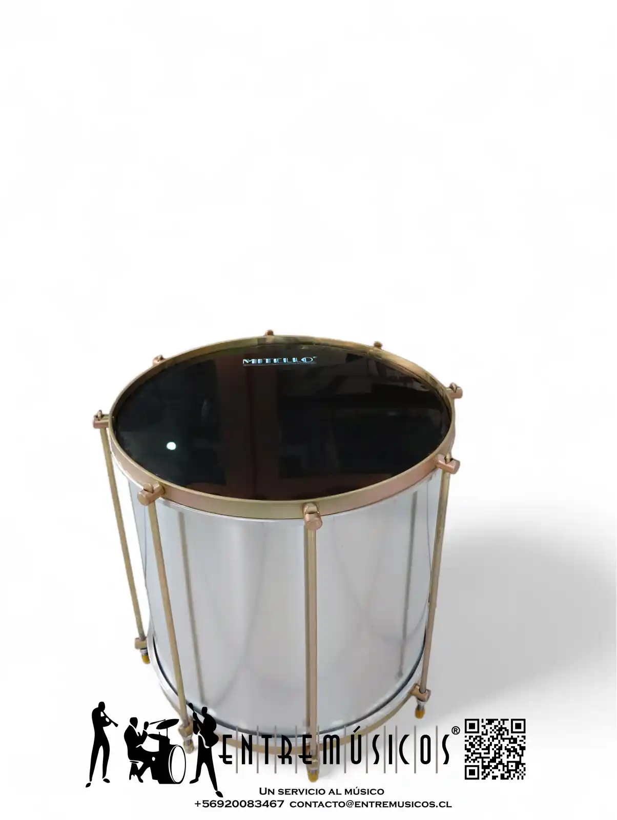 Repique de Aluminio 12'' con 8 afinadores, ideal para batucadas y carnavales en Chile. La marca de los parches puede variar según disponibilidad
