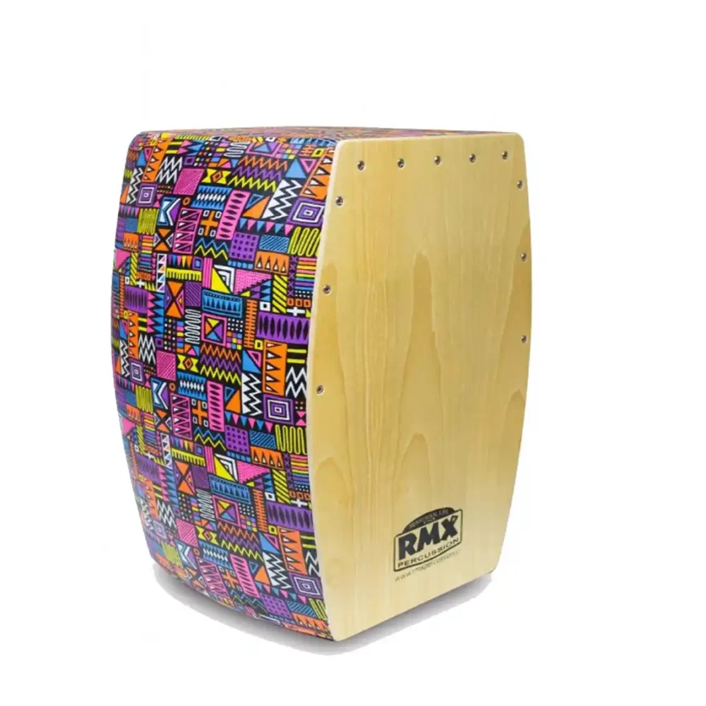 Cajón Flamenco RMX CPPR-2000HP con diseño colorido y bordona ajustable, perfecto para estilos flamencos y peruanos.