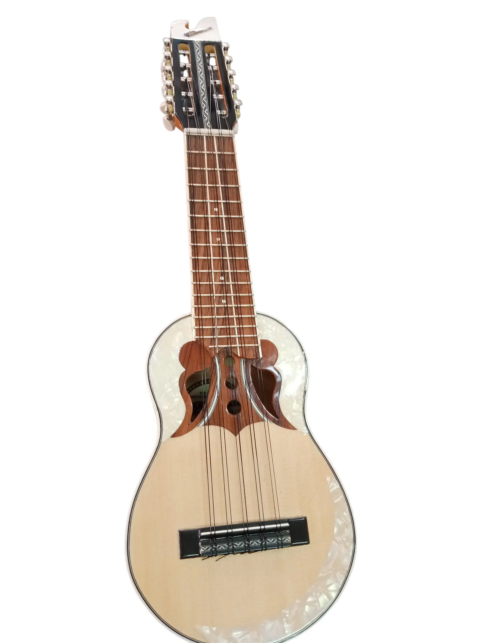 Charango profesional Quispe Torres de naranjillo con diapasón de jacarandá, diseño boca mariposa