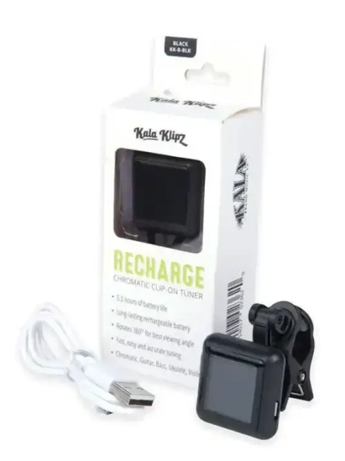 Afinador recargable Kala KK-R-BLK negro, práctico y ecológico, disponible en EntreMúsicos, Santiago.
