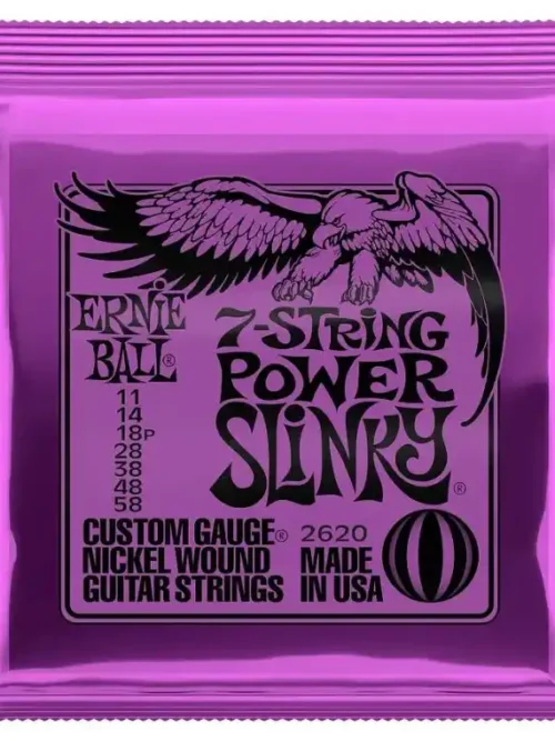 Cuerdas Ernie Ball Power Slinky 2620 (11-58) para guitarras de 7 cuerdas, disponibles en EntreMúsicos, Santiago