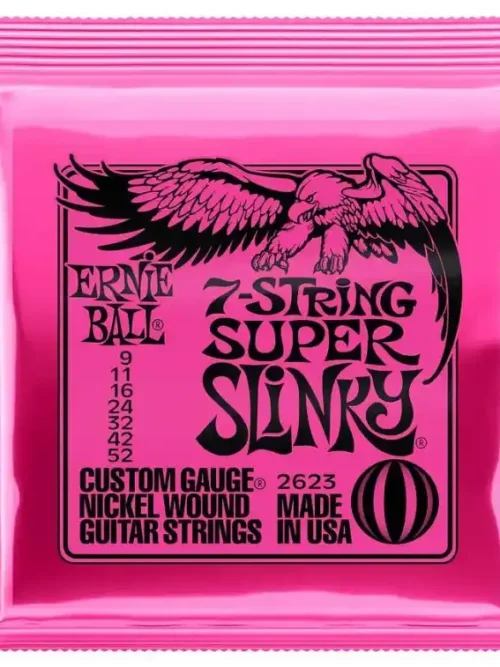 Cuerdas Ernie Ball Super Slinky 2623 (9-52) para guitarras de 7 cuerdas, disponibles en EntreMúsicos, Santiago.