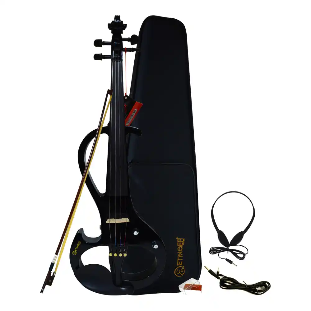 Violín Electrónico 4/4 Etinger Modelo THREE, negro brillante, con cuerpo de arce y diapasón de ébano. Incluye accesorios completos