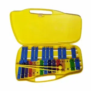 Metalófono cromático de 25 notas con placas de colores y maleta rígida.