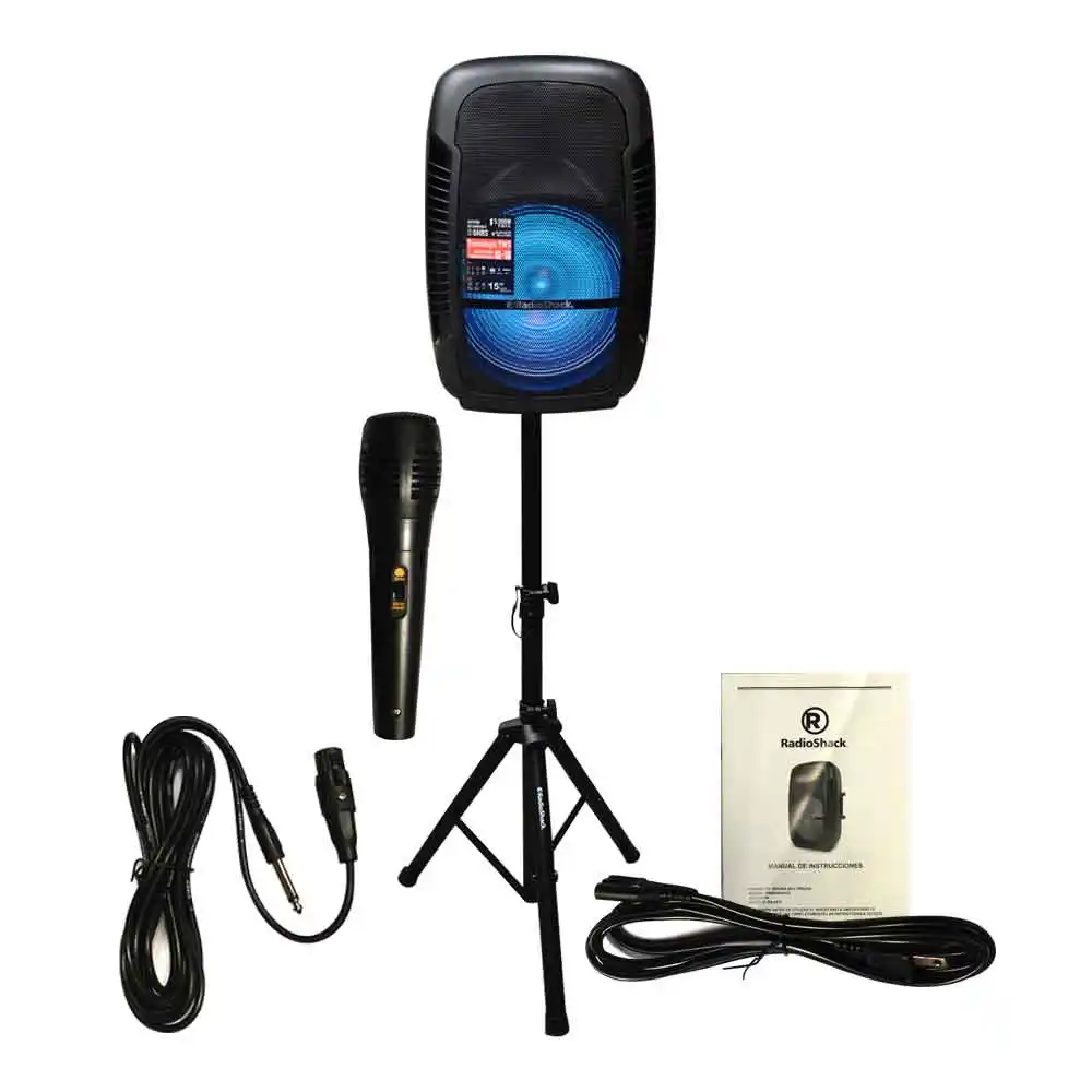 Caja acústica 15" con luces LED, micrófono y atril ajustable