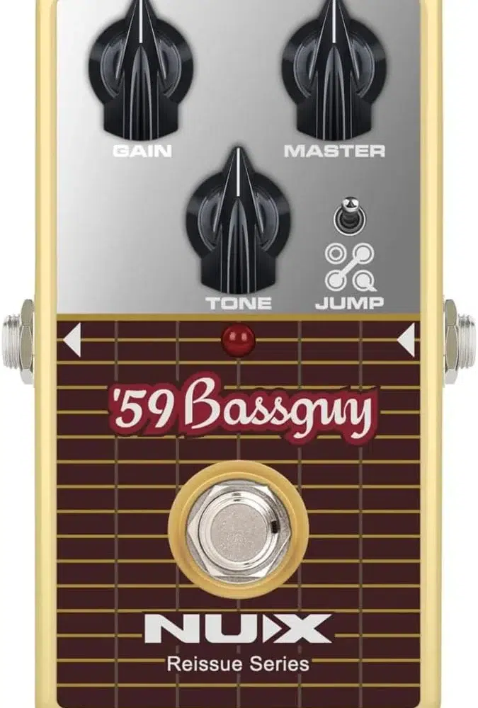 NUX '59 Bassny Reissue Series guitar effects pedal with three knobs (Gain, Master, Tone), jump switches, and a central footswitch area in a gold enclosure.