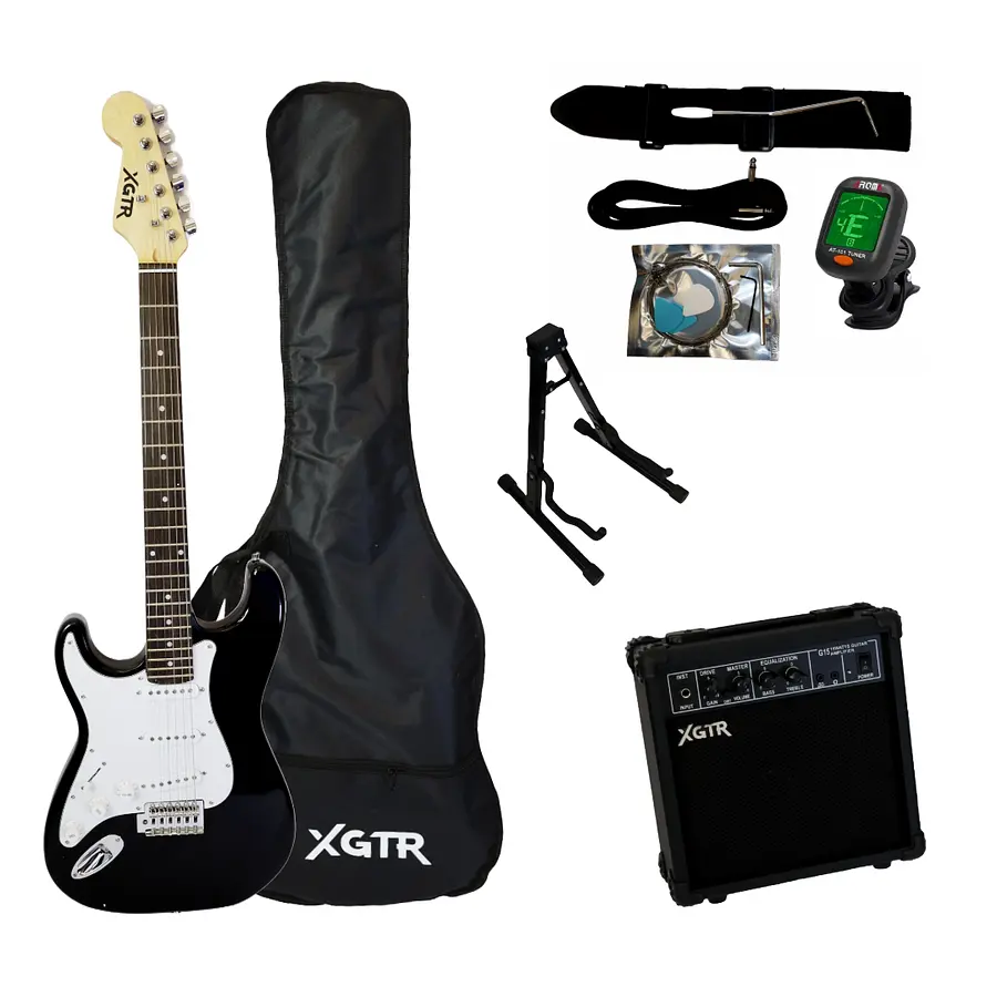 Guitarra eléctrica para zurdos ST111 negra con amplificador 15W y accesorios