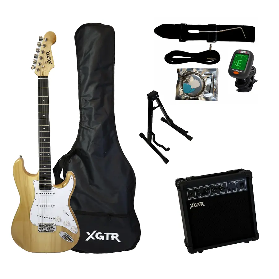 Pack de guitarra eléctrica tipo Stratocaster acabado natural con amplificador y accesorios