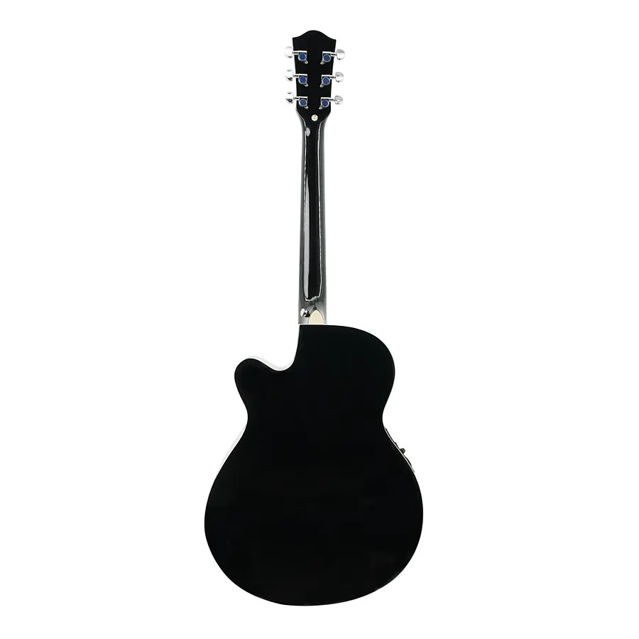 Guitarra electroacústica negra con cuerpo delgado, EQ 3 bandas y diseño cutaway