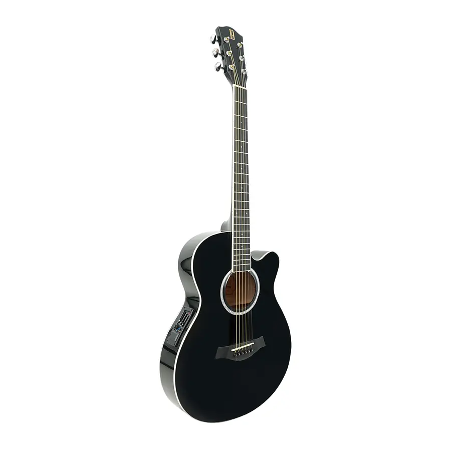 Guitarra electroacústica negra con cuerpo delgado, EQ 3 bandas y diseño cutaway