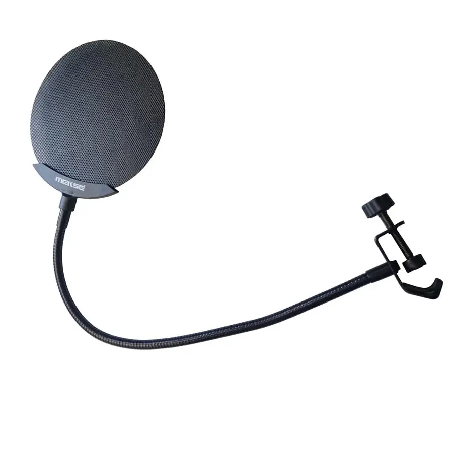 Filtro antipop con grilla metálica, cuello flexible y abrazadera universal