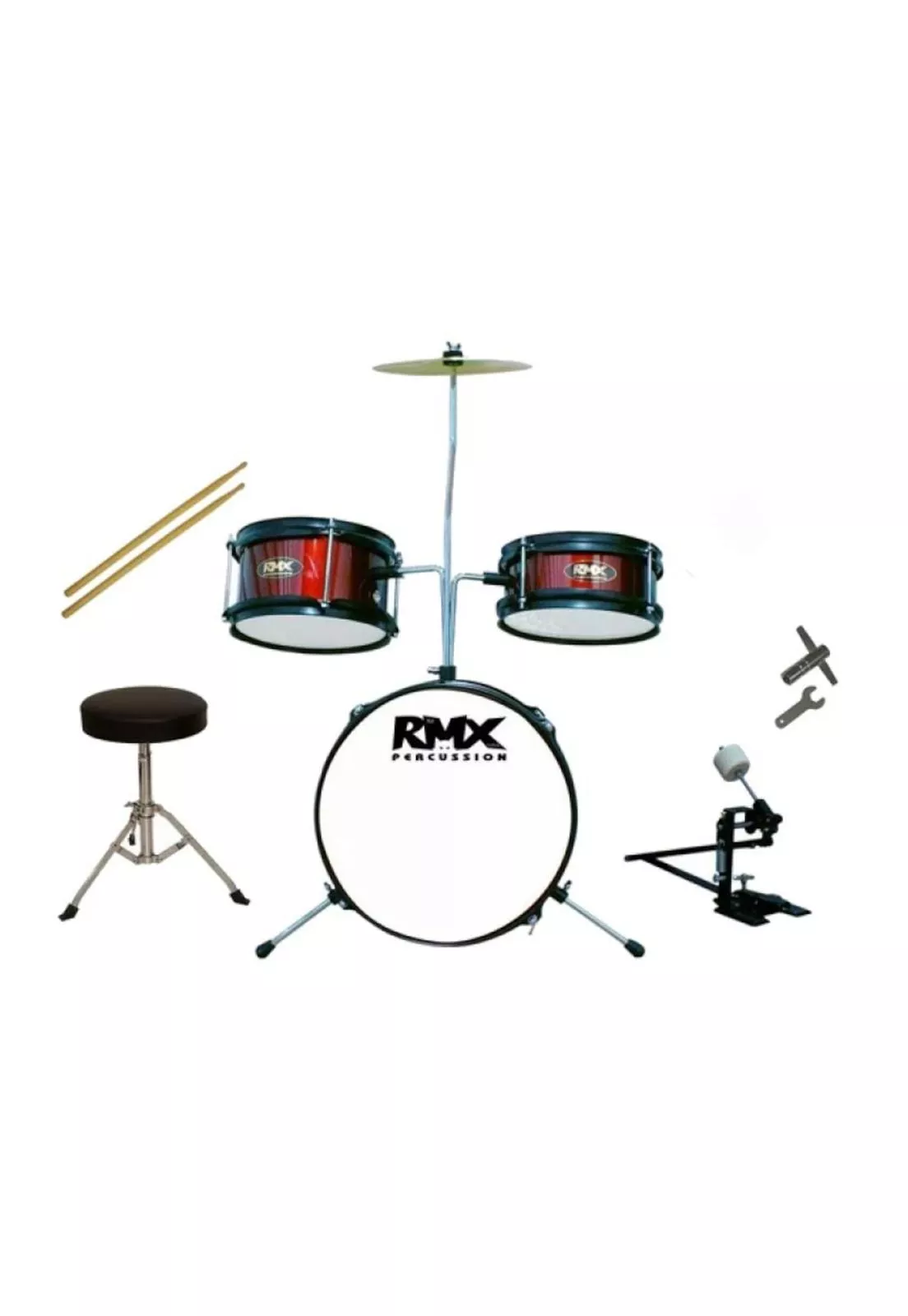 Batería infantil RMX RAD-2 de 3 piezas color rojo con bombo, tambores, platillo y accesorios
