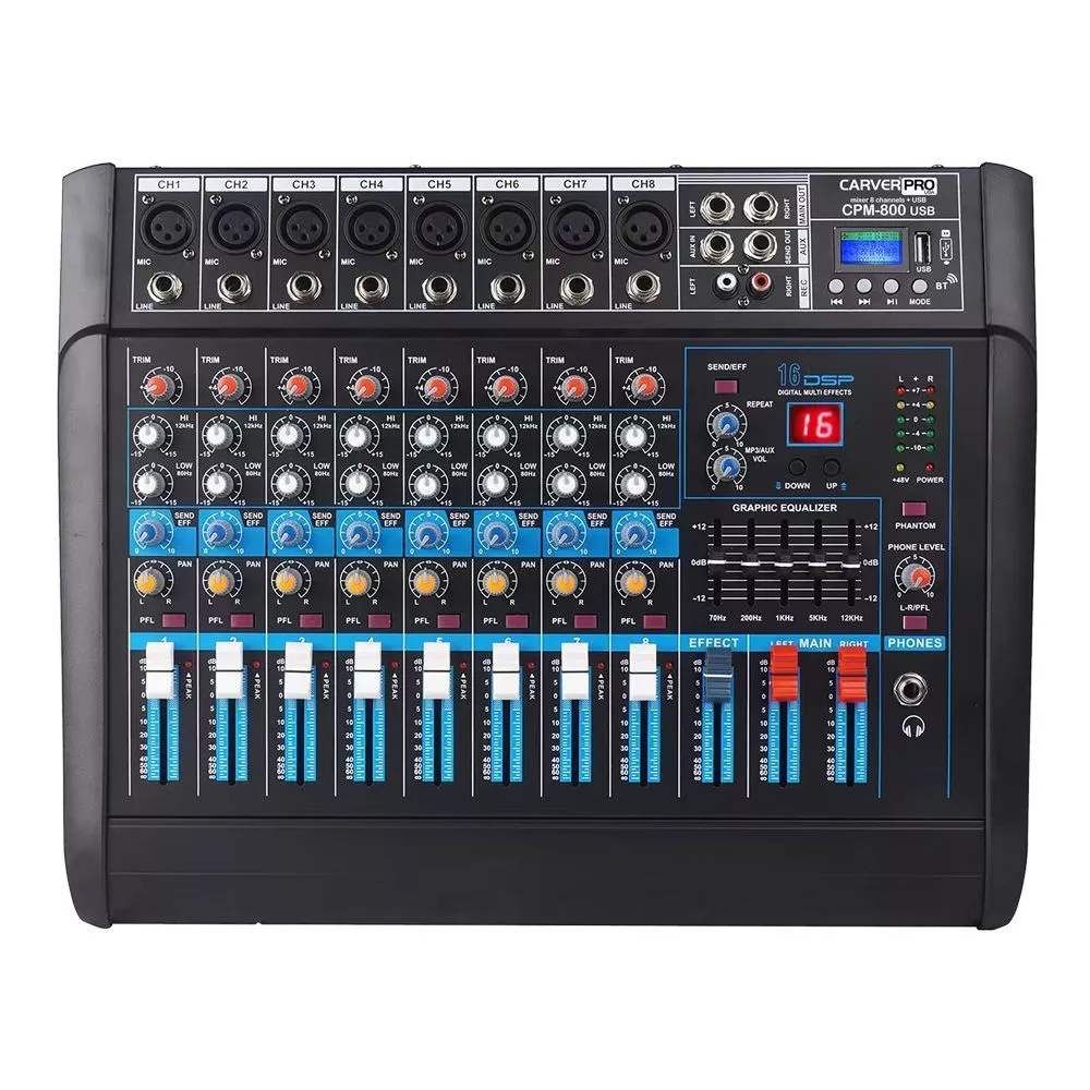 Consola de mezcla Carverpro CPM-800, 8 canales con Bluetooth, USB y amplificador integrado