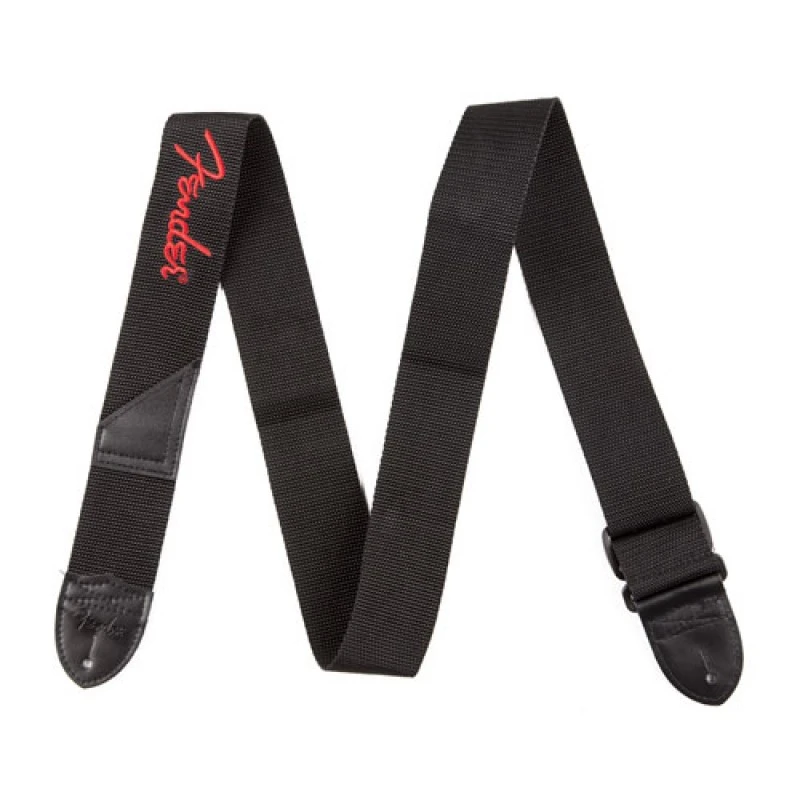Correa Fender negra de poliéster 2 pulgadas, ajustable, con logo rojo bordado y extremos reforzados en piel sintética