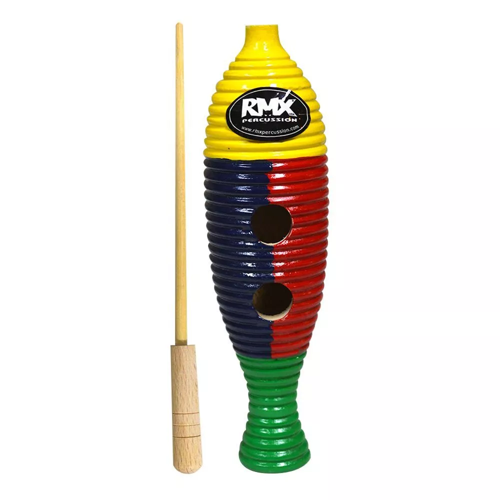 Güiro de madera RMX RE-22 mediano forma de pez multicolor con baqueta