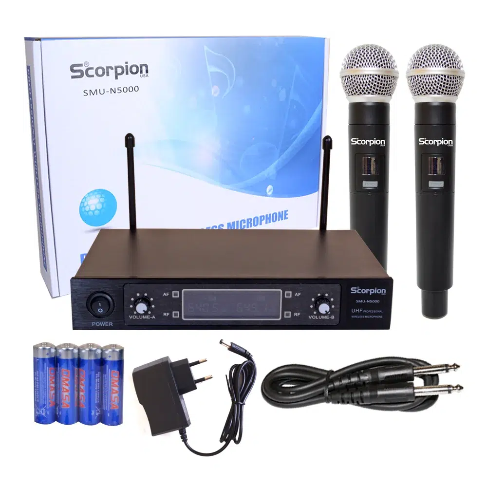 Micrófono inalámbrico doble Scorpion SMU-N5000, sistema UHF 200 frecuencias, 50m alcance y auto-canal IR
