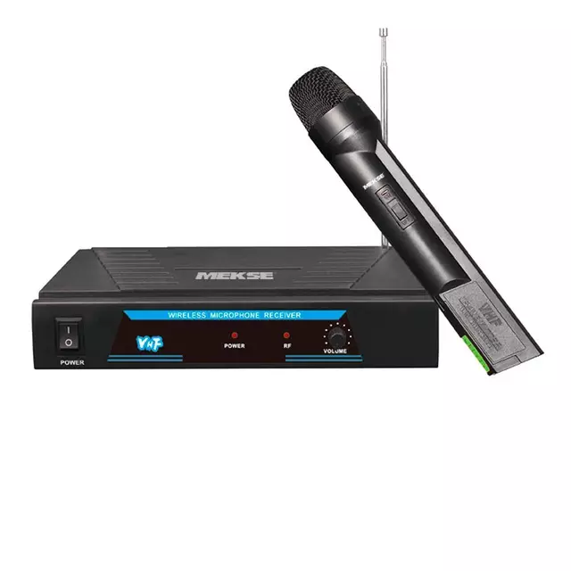 Micrófono inalámbrico Mekse MK-1800 de mano color negro, sistema VHF con cápsula unidireccional y receptor incluido