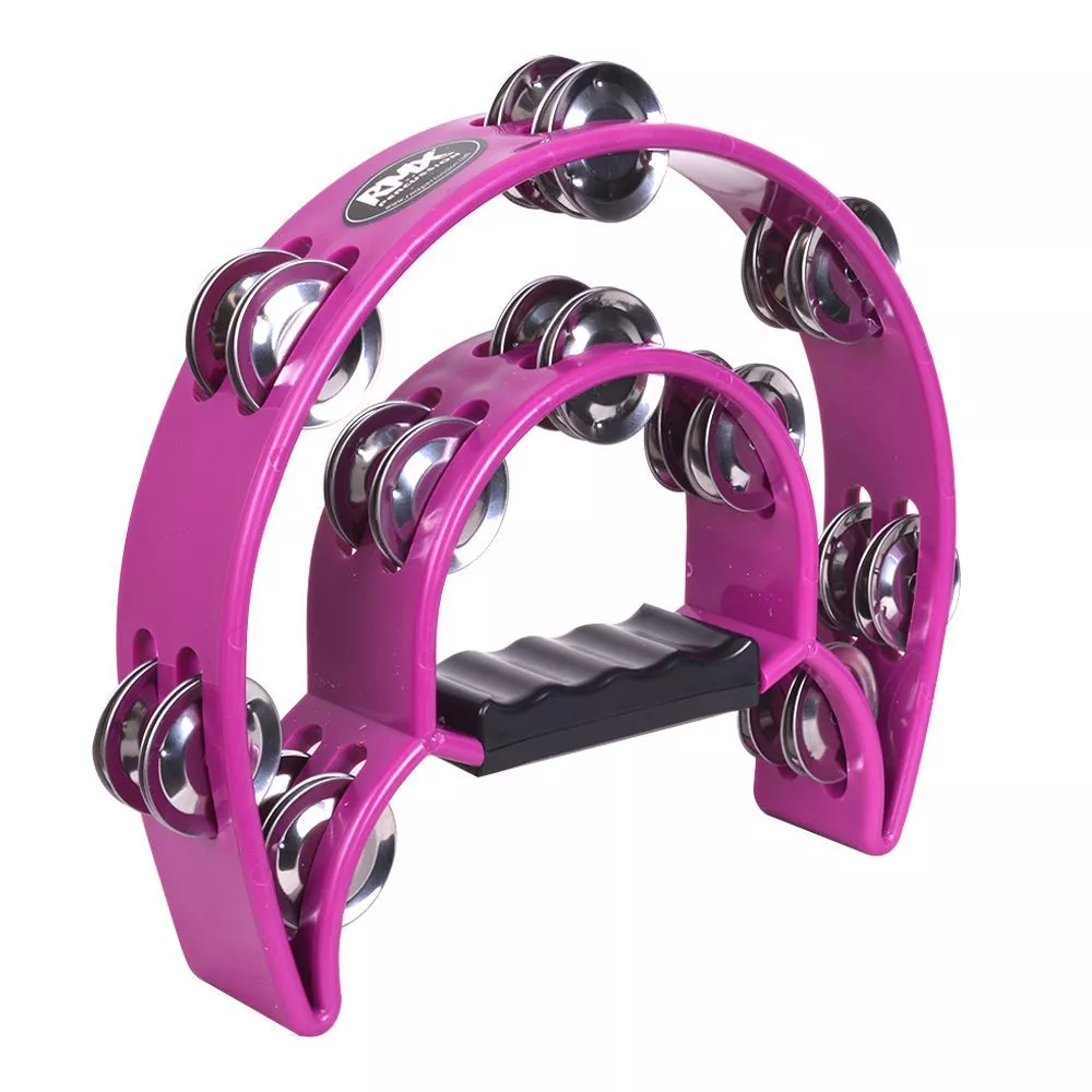 Pandero RMX TR-4 morado en forma de media luna con 10 hojuelas metálicas y cuerpo plástico resistente