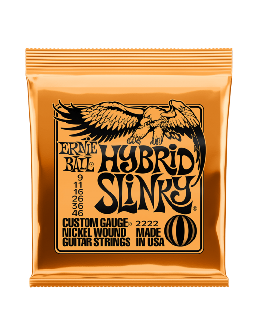 Cuerdas guitarra eléctrica níquel Ernie Ball Hybrid Slinky 2222 durabilidad y sonido versátil