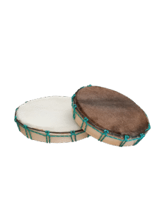 Tambor chamánico de 16 pulgadas de madera y cuero de chivo vista lateral
