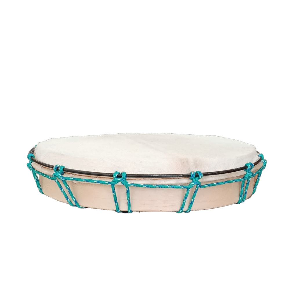 Tambor chamánico de 16 pulgadas de madera y cuero de chivo vista lateral