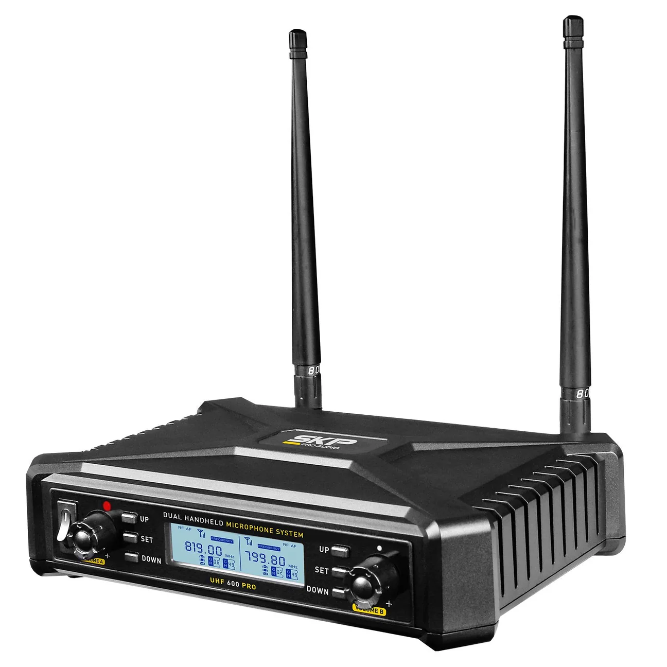 Dual-channel wireless microphone receiver with two external antennas and front-panel display on a black industrial design unit.