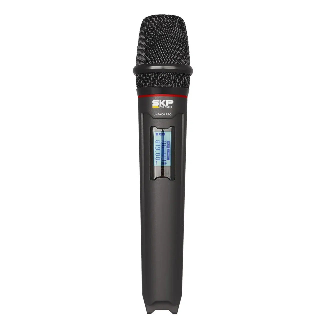 Handheld wireless microphone with a blue LCD display showing settings (SKP Pro Audio UHF-600 PRO)
