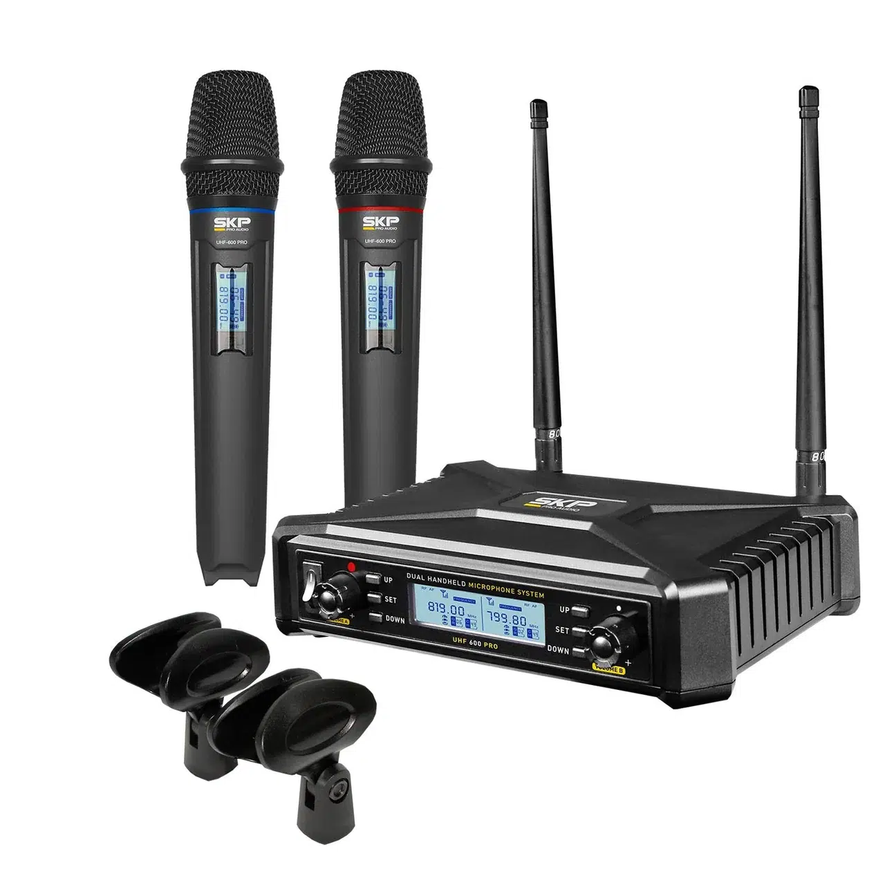 Wireless microphone system with two handheld mics, a dual-channel receiver with antennas, and two lavalier mics for clip-on use.