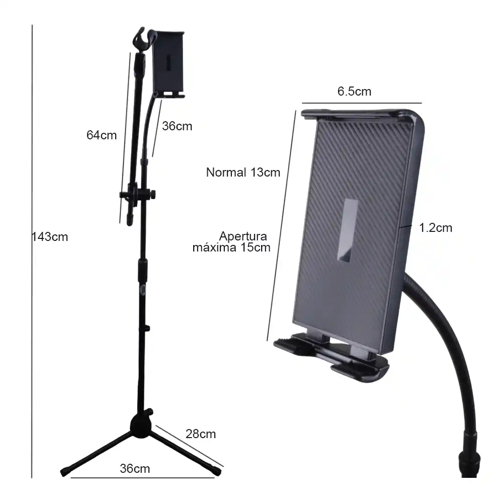 Atril de micrófono CarverPro con soporte para tablet o teléfono, portátil y estable