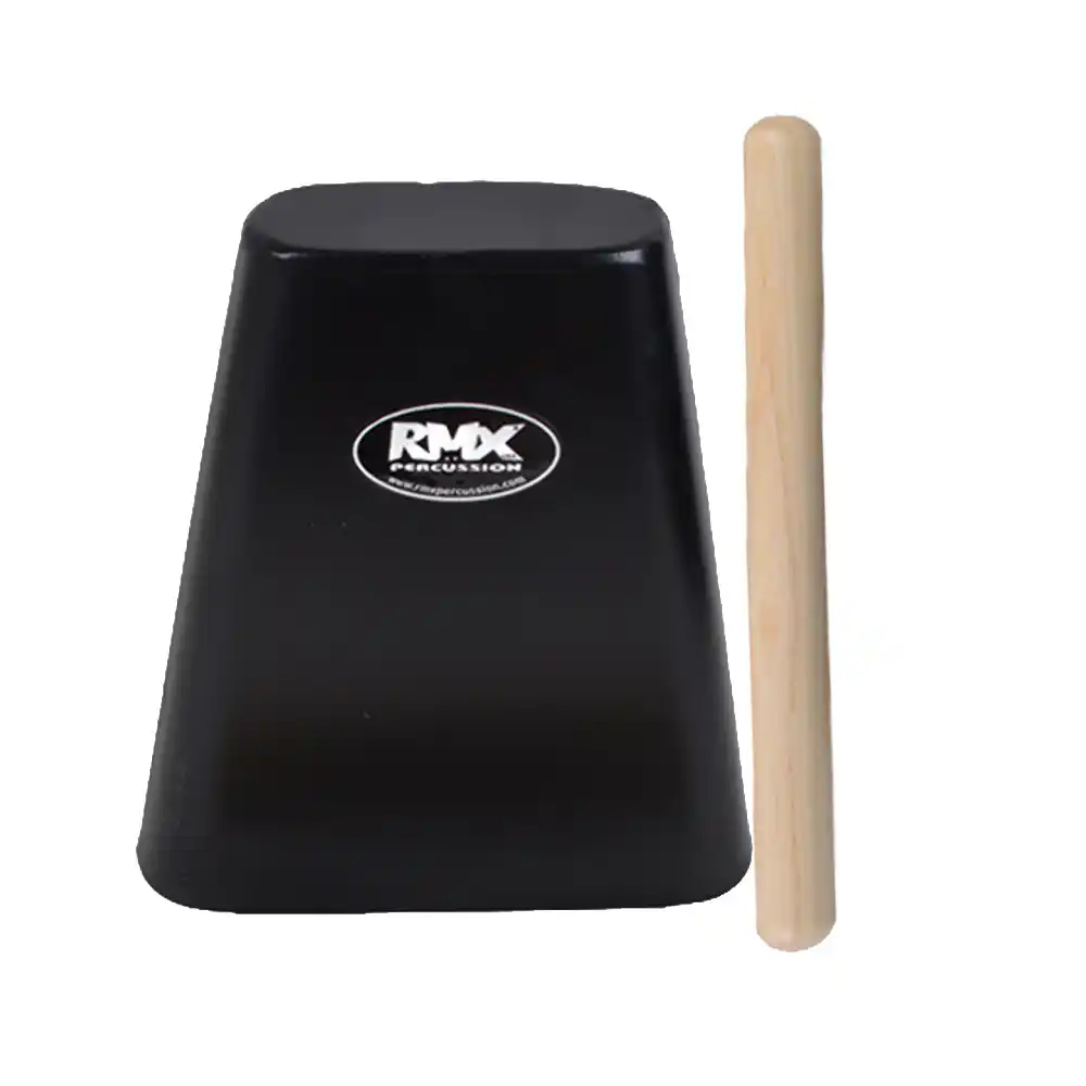 Black RMX percussion practice pad with a light wooden drumstick to its right side.