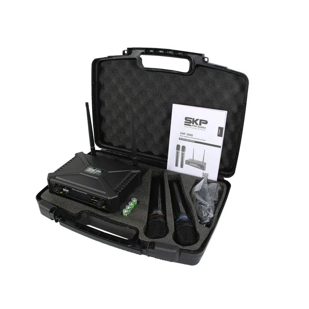 Micrófono doble inalámbrico SKP UHF-300D con receptor de doble antena para eventos y canto