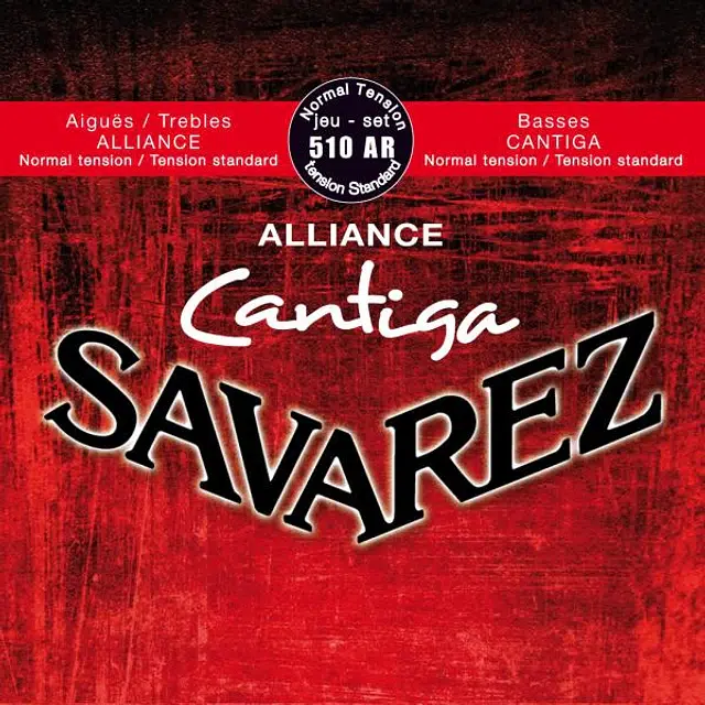 Red textured poster with white text: 'ALLIANCE Cantiga SAVAREZ' and a black circular badge at the top center reading 'Normal Tension / Jeu - set 510 AR' (guitar strings packaging).