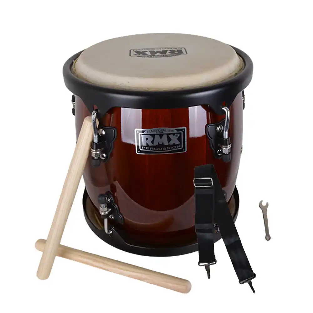 Tambora RMX 11x14 de caoba con correa, mazos y colgador para percusión latina