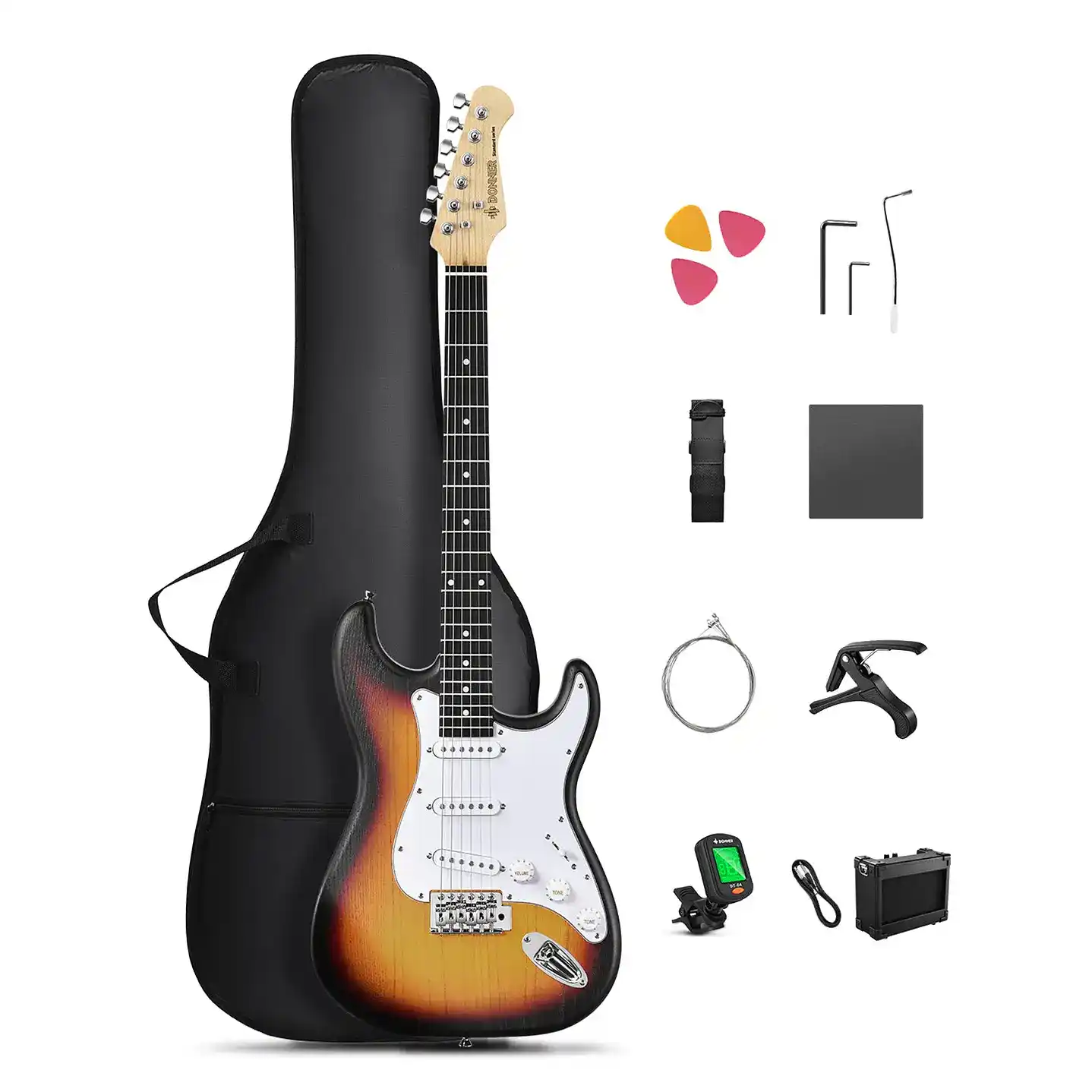 guitarra eléctrica, Donner DST-80, pack guitarra, guitarra Sunburst, guitarra principiante, accesorios guitarra, entre músicos