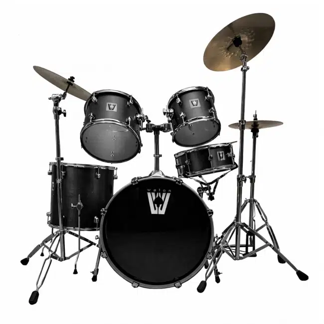 Black drum kit with bass drum, mounted toms, floor tom, snare, hi-hat and cymbals on stands against a white background on display.