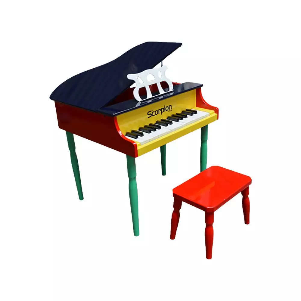 Piano infantil Scorpion de 30 notas fabricado en madera MDF con banca incluida.