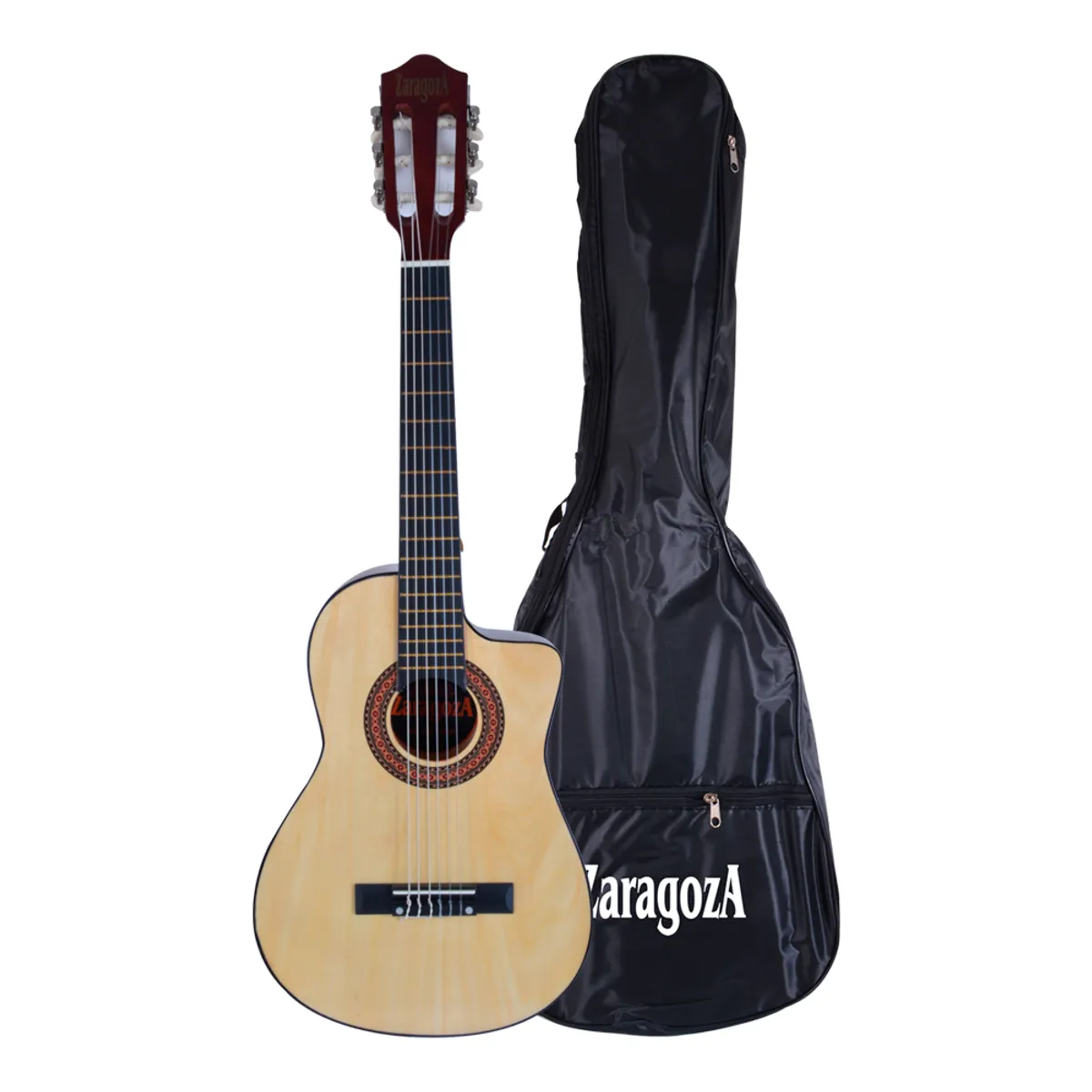 Acoustic guitar with a light wood finish beside a black padded gig bag labeled Zaragoza.