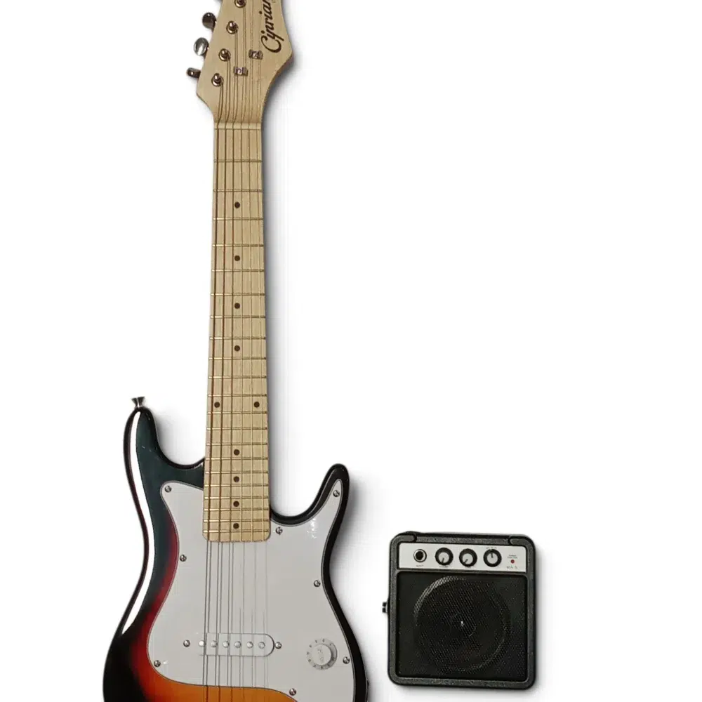 Electric guitar with sunburst finish and white pickguard beside a small amplifier.